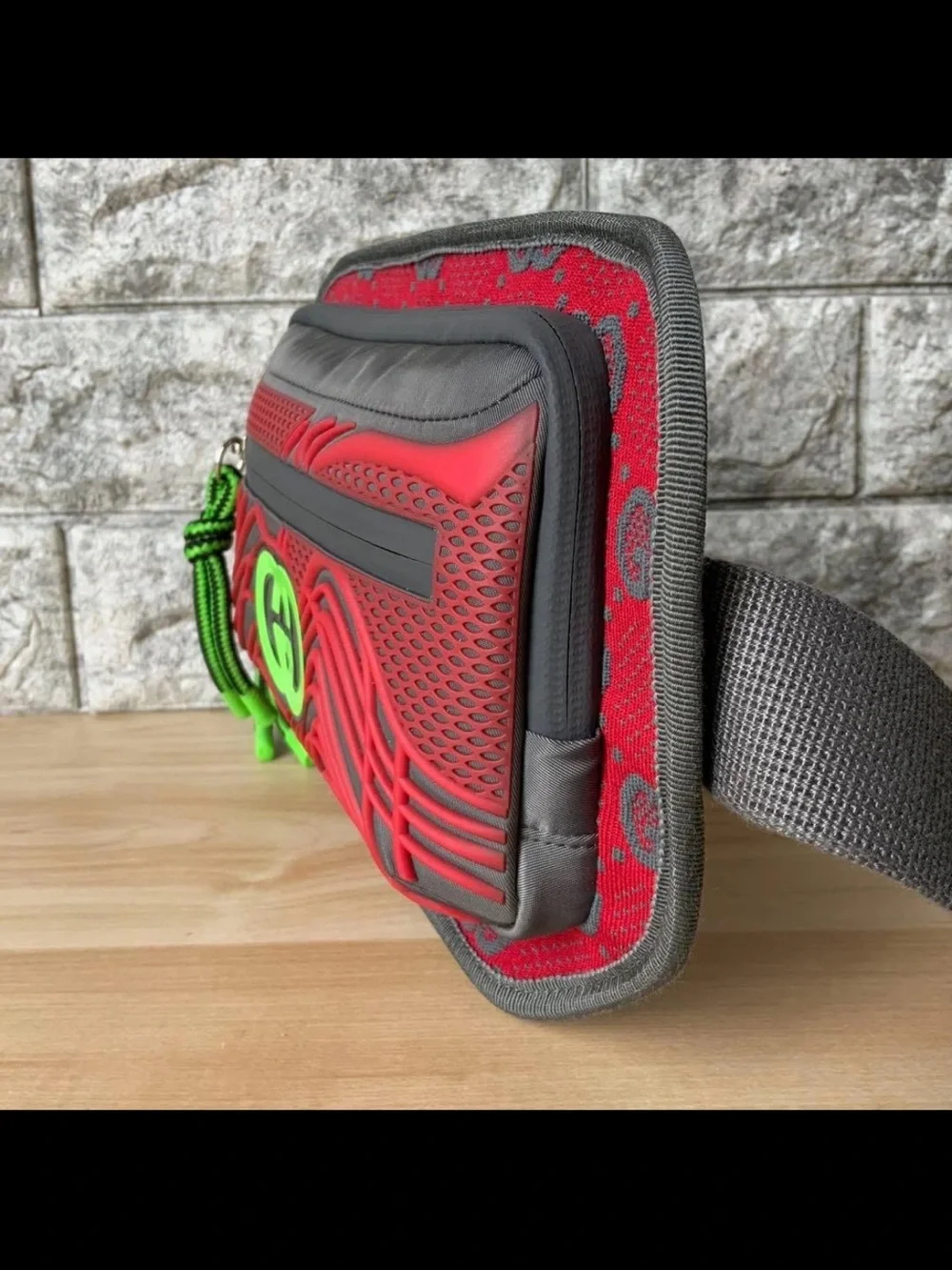 Gucci Red and Neon Green Belt Bag with Gray Strap